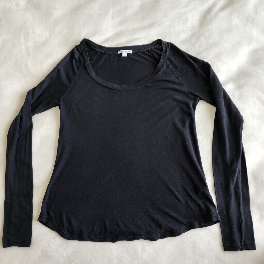 James Perse Size 1 Black Long Sleeve Scoop Neck 100% Cotton Top Shirt Blouse - Picture 5 of 12
